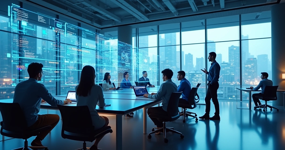 Ambiente de escritório moderno com agentes inteligentes autônomos representados por hologramas flutuantes executando automação de processos digitais