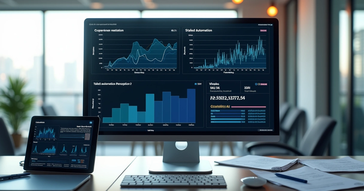 Computador exibindo gráficos de desempenho de processos de automação com indicadores de estagnação e melhorias necessárias