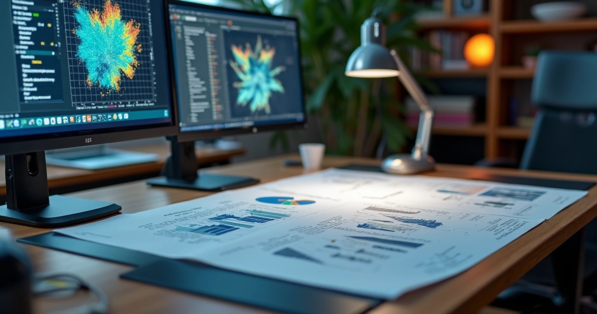 Mesa de trabalho com duas telas mostrando gráficos e dados complexos analisados por IA