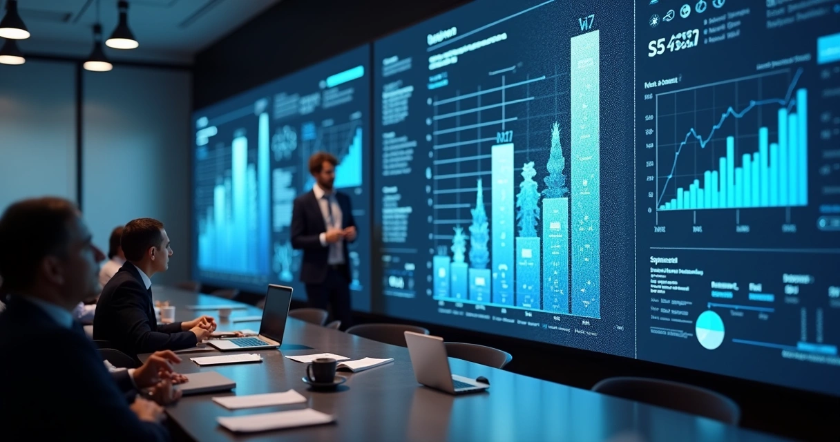 Executivo apresentando gráficos de desempenho de IA para sócios em sala de reunião corporativa
