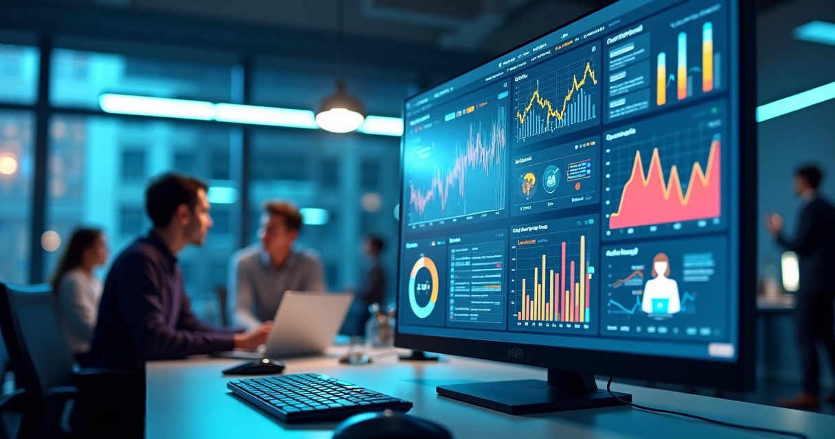 Integração de agentes de IA em tela de computador com gráficos de vendas, atendimento automatizado e equipe trabalhando ao fundo