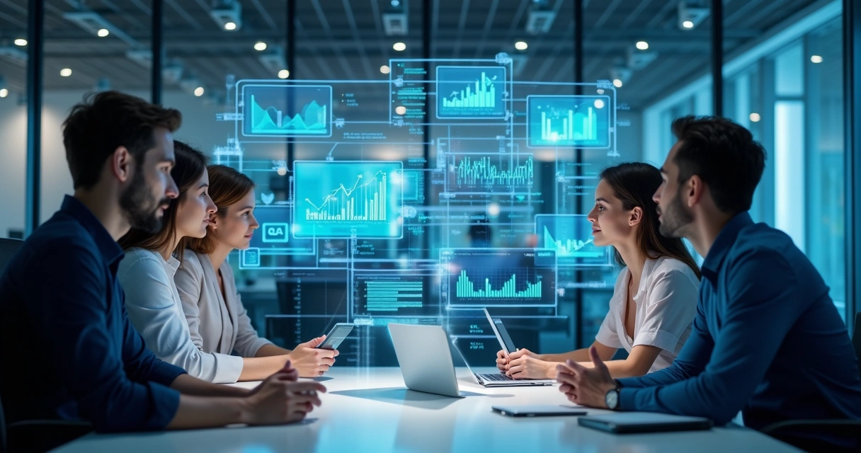 Equipe trabalhando com telas digitais mostrando gráficos e automação de processos em escritório moderno