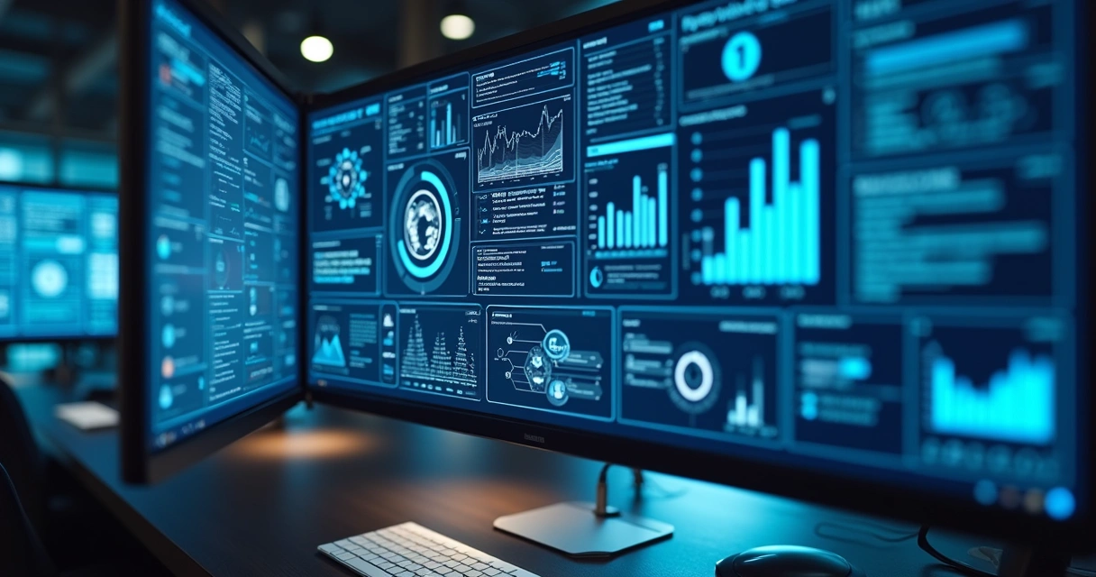 Ambiente corporativo moderno com múltiplas telas exibindo gráficos, fluxos automatizados e agentes de IA interagindo com dados internos