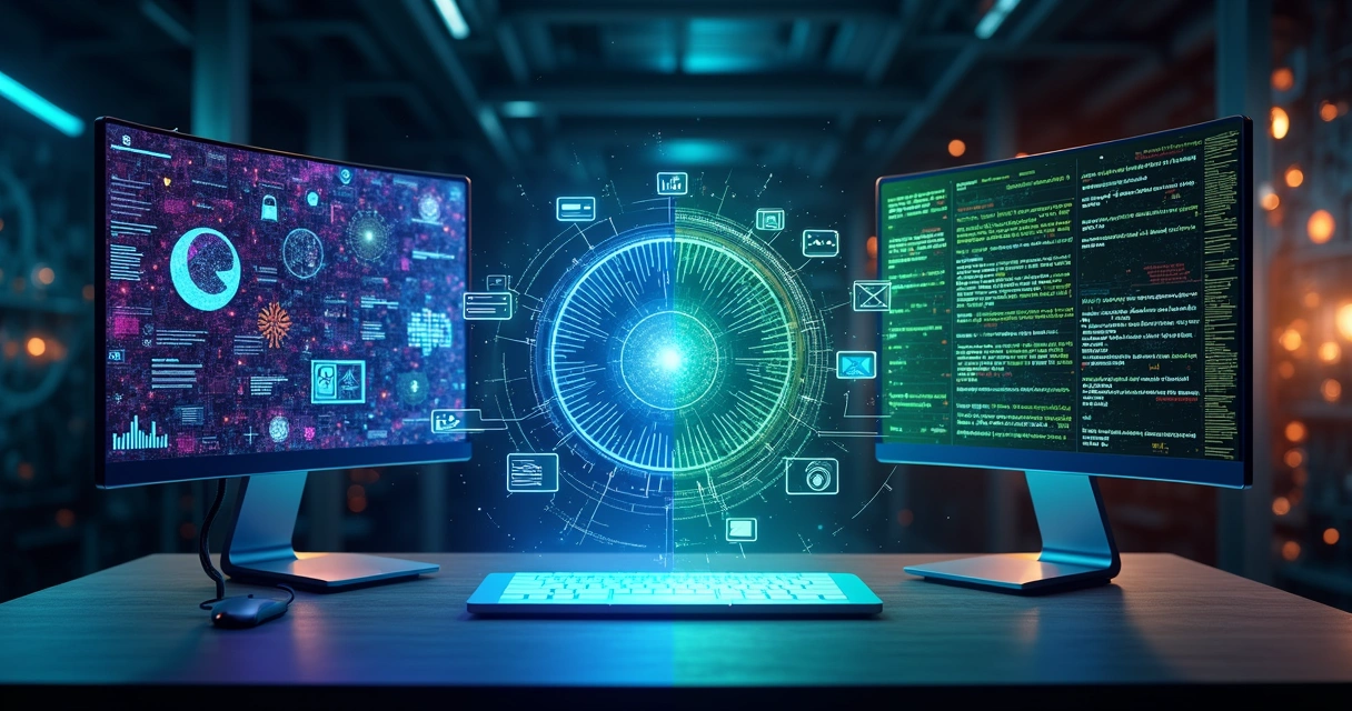 Ilustração comparativa mostrando IA generativa e modelo de linguagem em ambiente tecnológico moderno