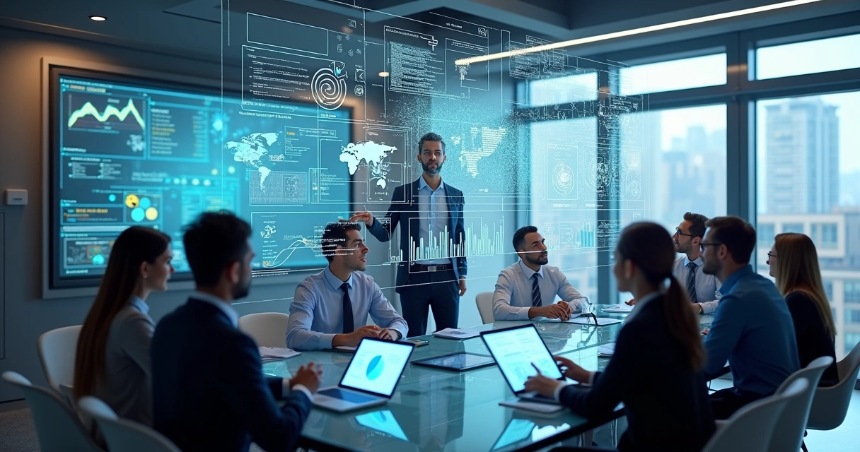 consultoria-ia-empresa-998.webp Reunião empresarial com equipe multidisciplinar analisando gráficos e dados em telas digitais para consultoria de soluções de IA