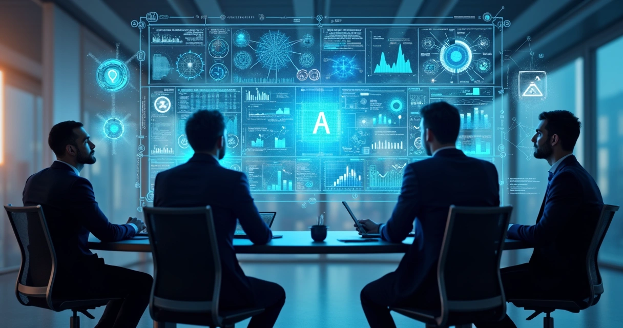 Executivos analisando dados em tela digital futurista com gráficos de inteligência artificial