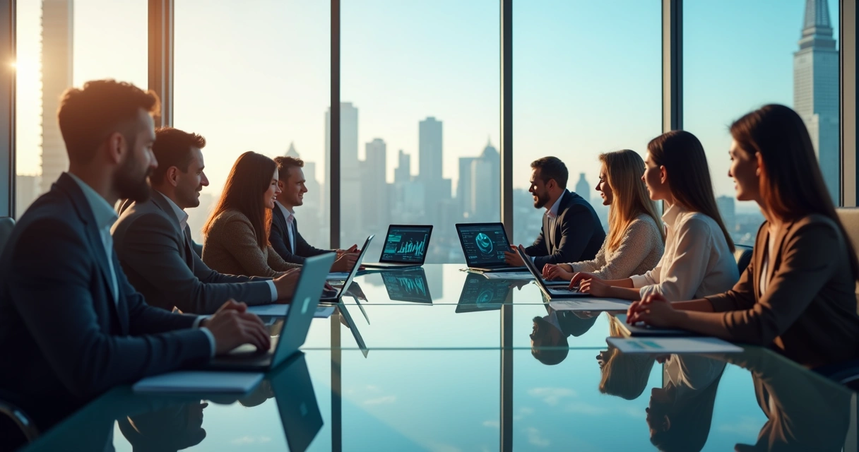Sala de reunião moderna com profissionais discutindo soluções digitais e inteligência artificial sem equipe técnica interna