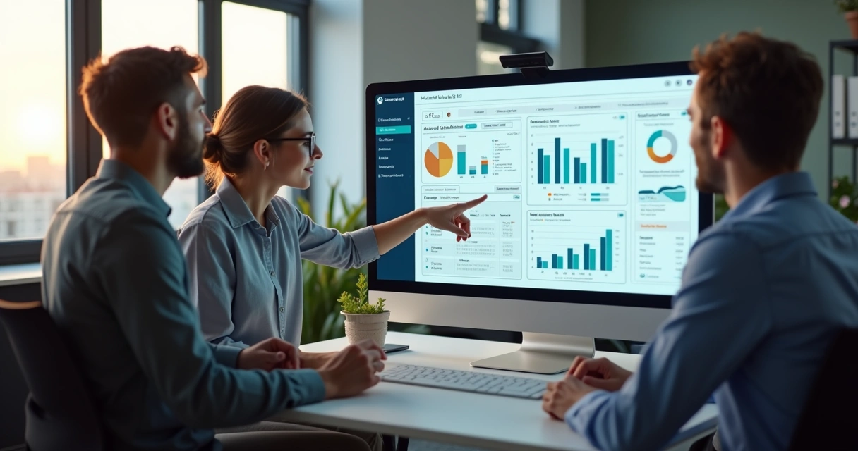 equipe-pequena-automacao-ia-212.webp Equipe pequena trabalhando em escritório moderno com computador mostrando dashboard de IA para automação e produtividade