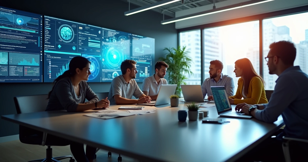 Equipe de profissionais trabalhando em escritório moderno com computadores e telas digitais mostrando gráficos e dados de IA