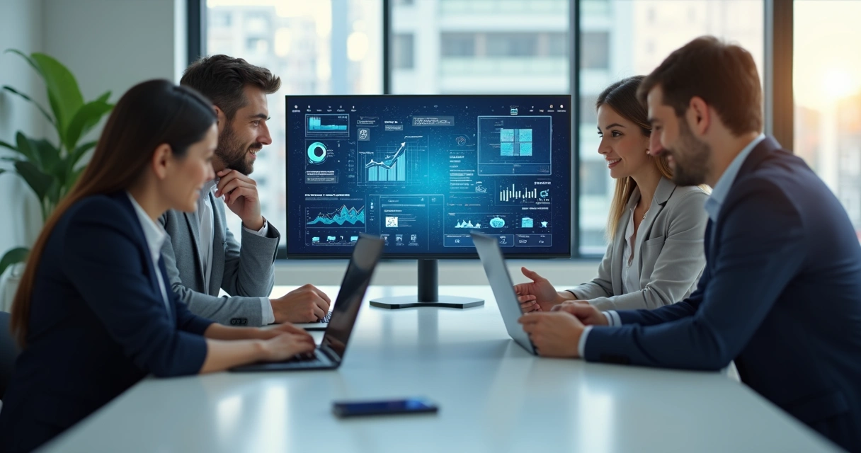 Equipe de trabalho em escritório moderno integrando automação gradualmente com computadores e gráficos digitais