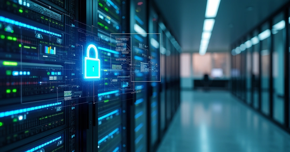 infraestrutura-seguranca-dados-empresa-88.webp Servidor avançado com interface de segurança digital exibindo gráficos e cadeado de proteção em ambiente corporativo moderno