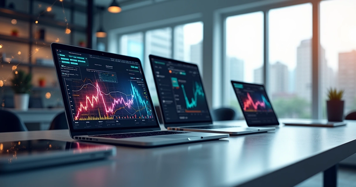 Mesa moderna com múltiplos dispositivos digitais exibindo gráficos, fluxos de dados e ícones de inteligência artificial integrados a processos empresariais