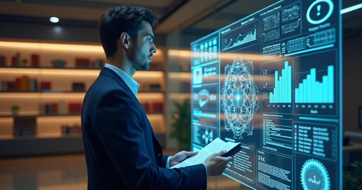 Profissional jurídico analisando documentos digitais com interface de IA em tela transparente