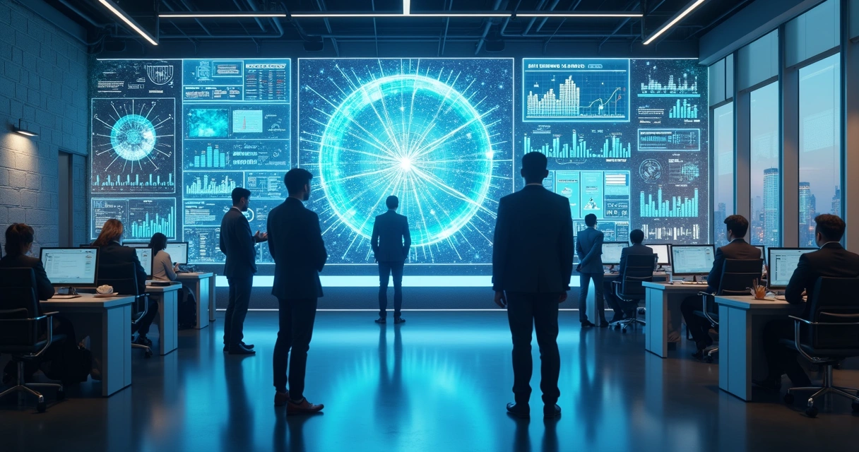 Modelos de arquitetura transformer representados como circuitos digitais conectados em um ambiente corporativo com telas exibindo dados e gráficos de IA