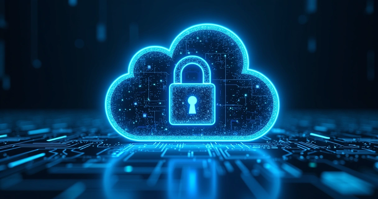 nuvem-privada-seguranca-dados-124.webp Ilustração de ambiente tecnológico com nuvem privada, cadeado digital e circuitos eletrônicos em azul e preto