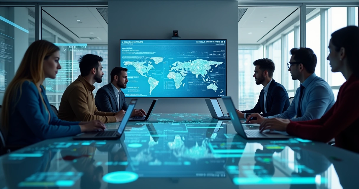 Equipe multidisciplinar discutindo projetos de IA personalizados em ambiente de escritório moderno com telas digitais exibindo dados e gráficos