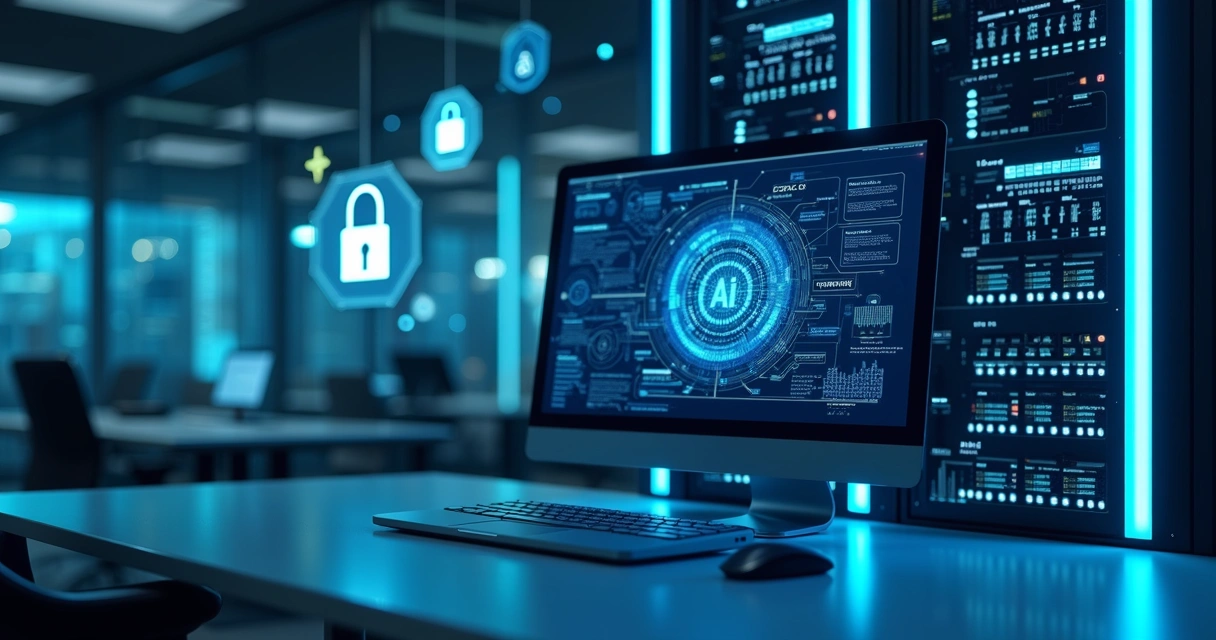 seguranca-controle-ia-privada-60.webp Computador e servidor em ambiente corporativo mostrando segurança e controle de dados de IA generativa privada