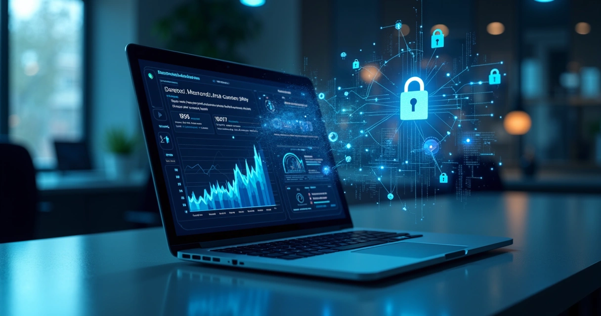 Computador aberto exibindo painel de controle com gráficos de segurança de dados e ícones tecnológicos futuristas de blockchain e criptografia ao fundo