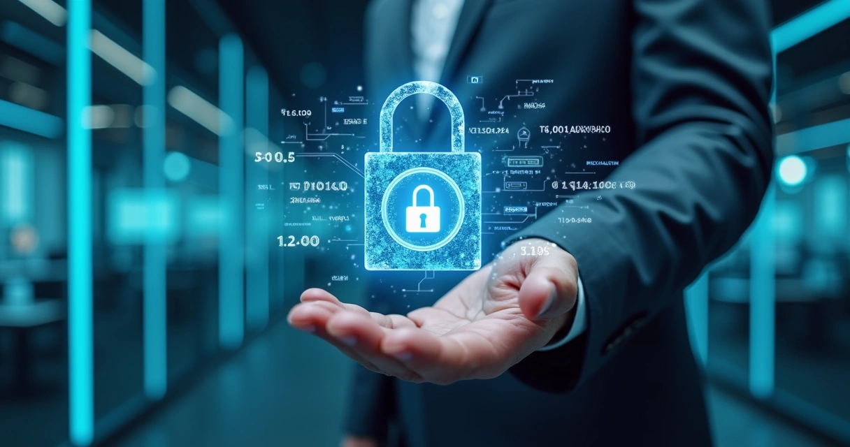 seguranca-dados-ia-privada-720.webp Mão segurando um holograma digital com um cadeado que representa proteção de dados sensíveis por IA privada em ambiente corporativo moderno
