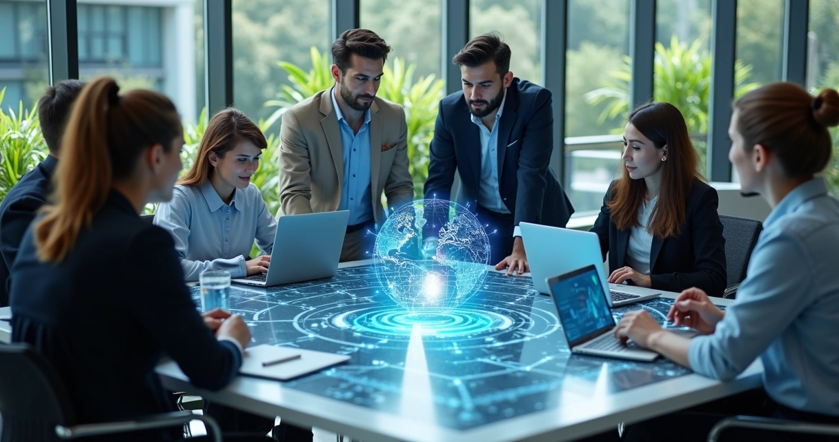 Equipe de negócios discutindo soluções personalizadas de inteligência artificial em escritório moderno com telas digitais mostrando gráficos e dados