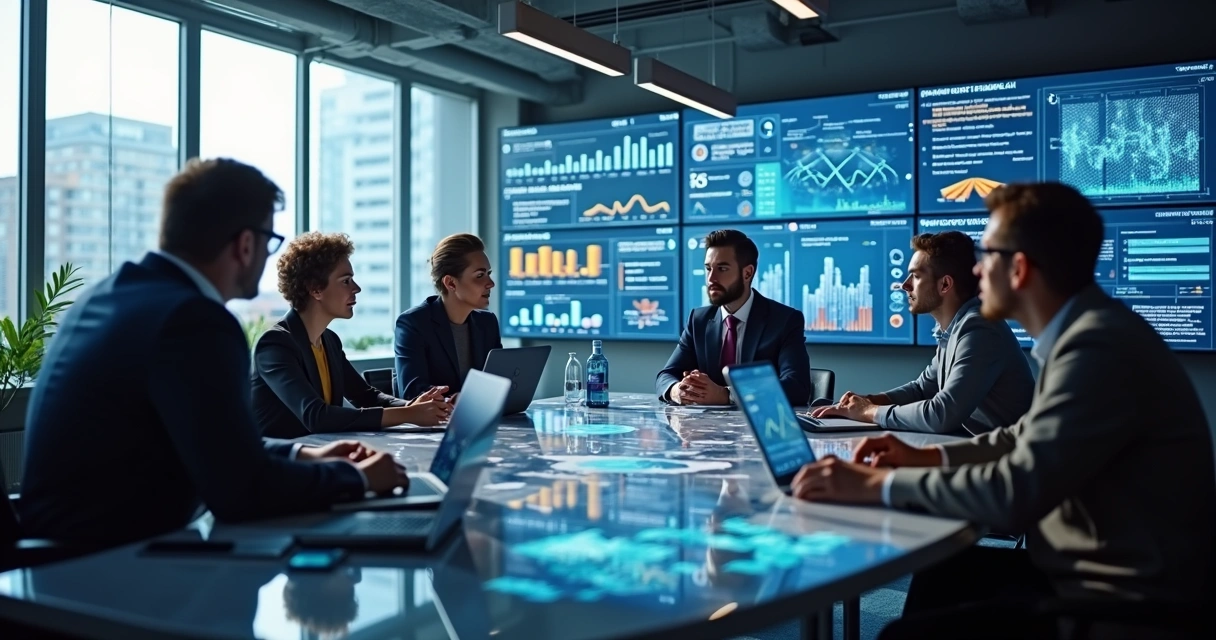 Ambiente moderno de escritório com equipe multidisciplinar trabalhando em soluções personalizadas de IA com telas exibindo gráficos e automação