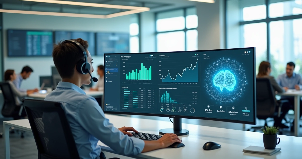 atendimento-ao-cliente-com-ia-897.webp Equipe de atendimento usando IA em painel com gráficos de vendas