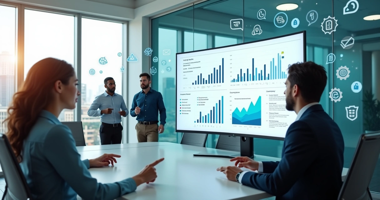 Equipe acompanhando painel com chatbot atendendo clientes em múltiplos canais