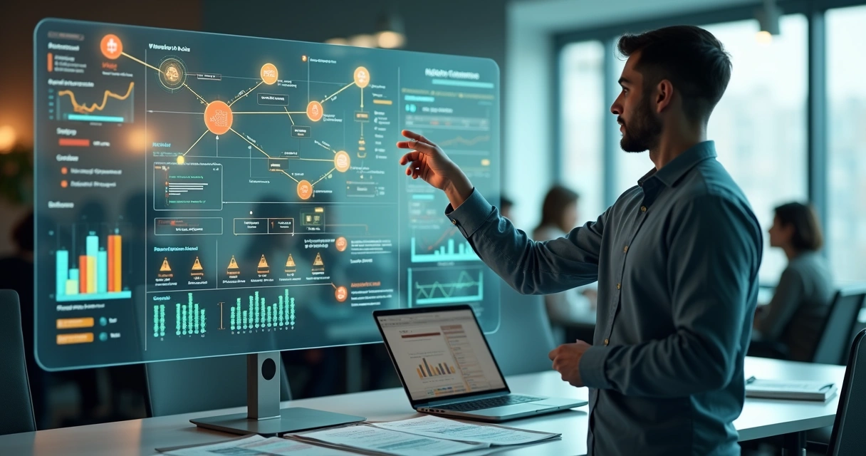 automacao-empresarial-gargalos-crescimento-254.webp Gestor analisando painel digital com fluxos de automação travados e gráficos de crescimento estagnados