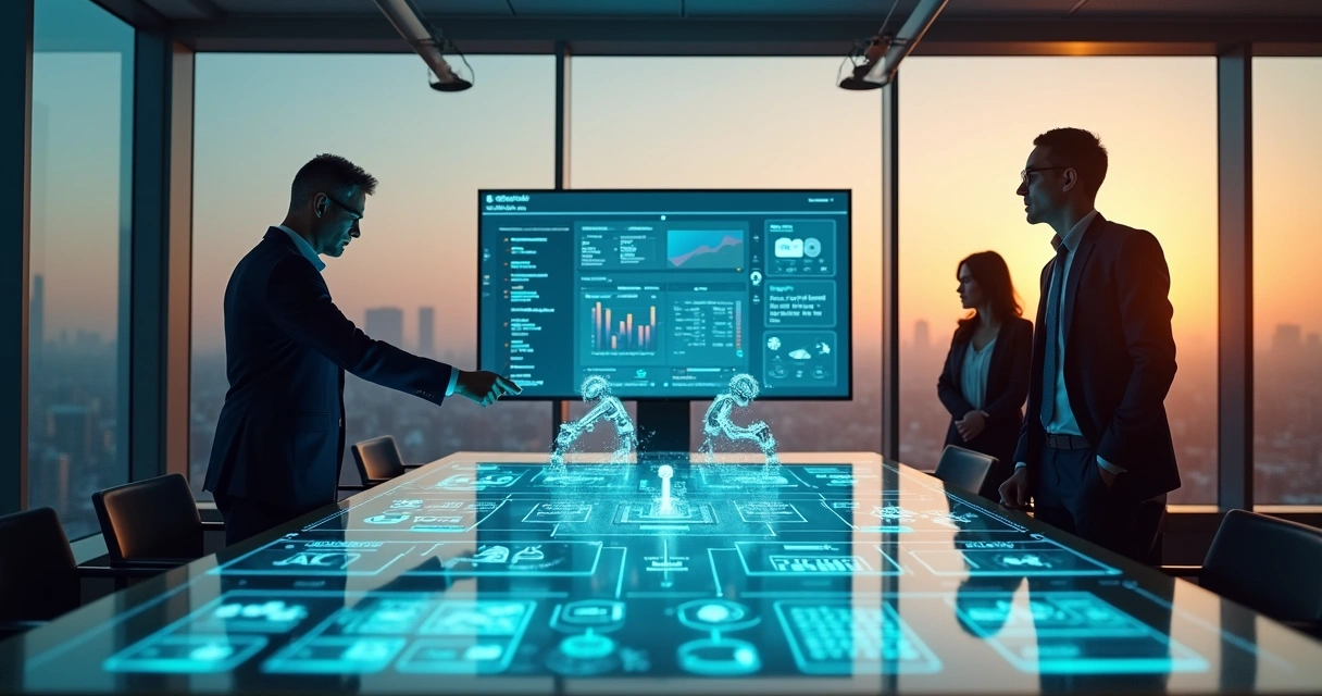 Executivos analisando painel de automação com inteligência artificial em escritório moderno