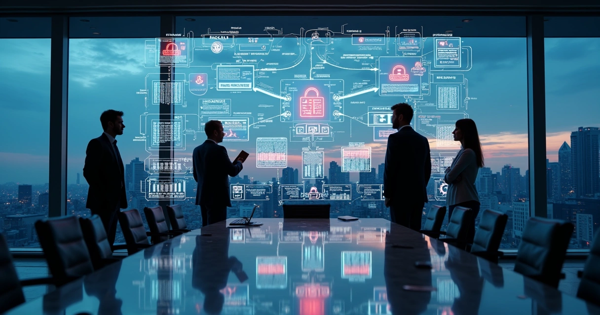 Executivos analisam painel digital com fluxos quebrados entre sistemas de automação e IA