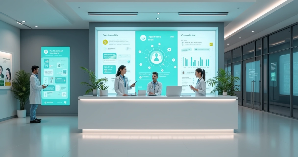 clinica-medica-ia-automacao-atendimento-113.webp Recepção de clínica médica com painel digital e ícones de inteligência artificial