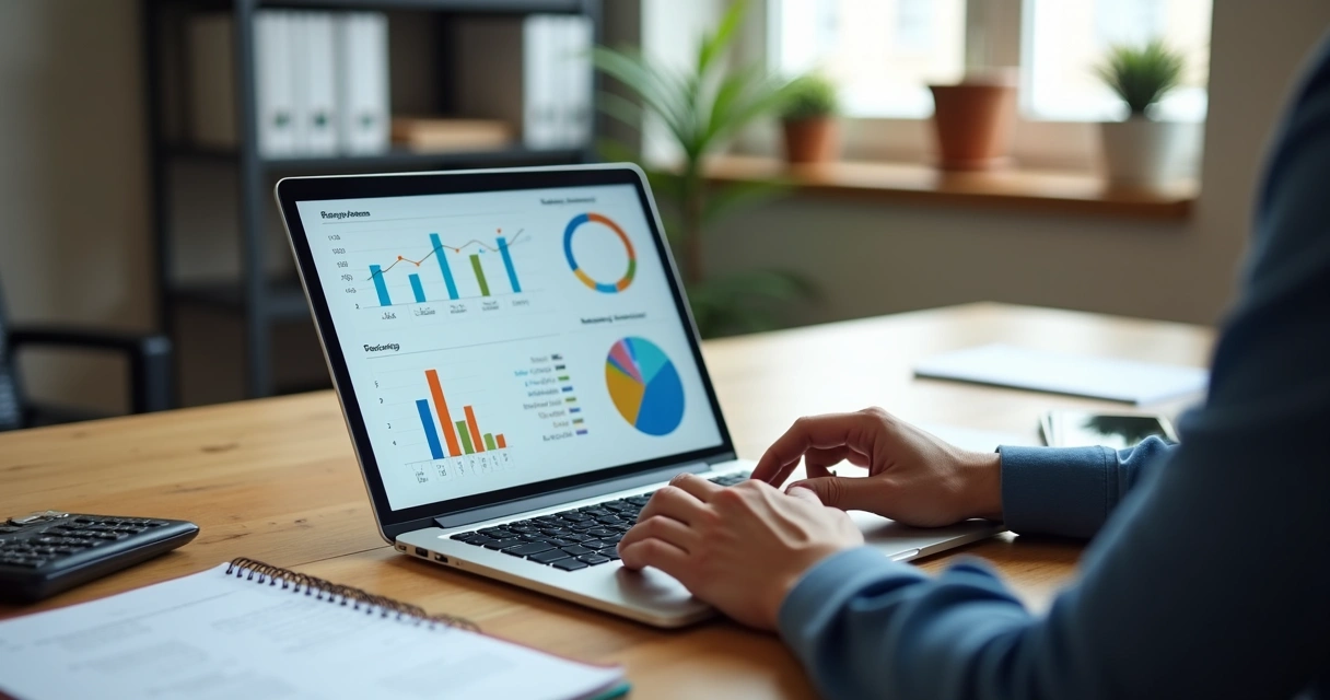 Gestor analisa dashboard de BI simples em tela de notebook