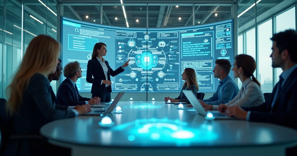 Equipe empresarial acompanhando painel de automação com IA em escritório moderno