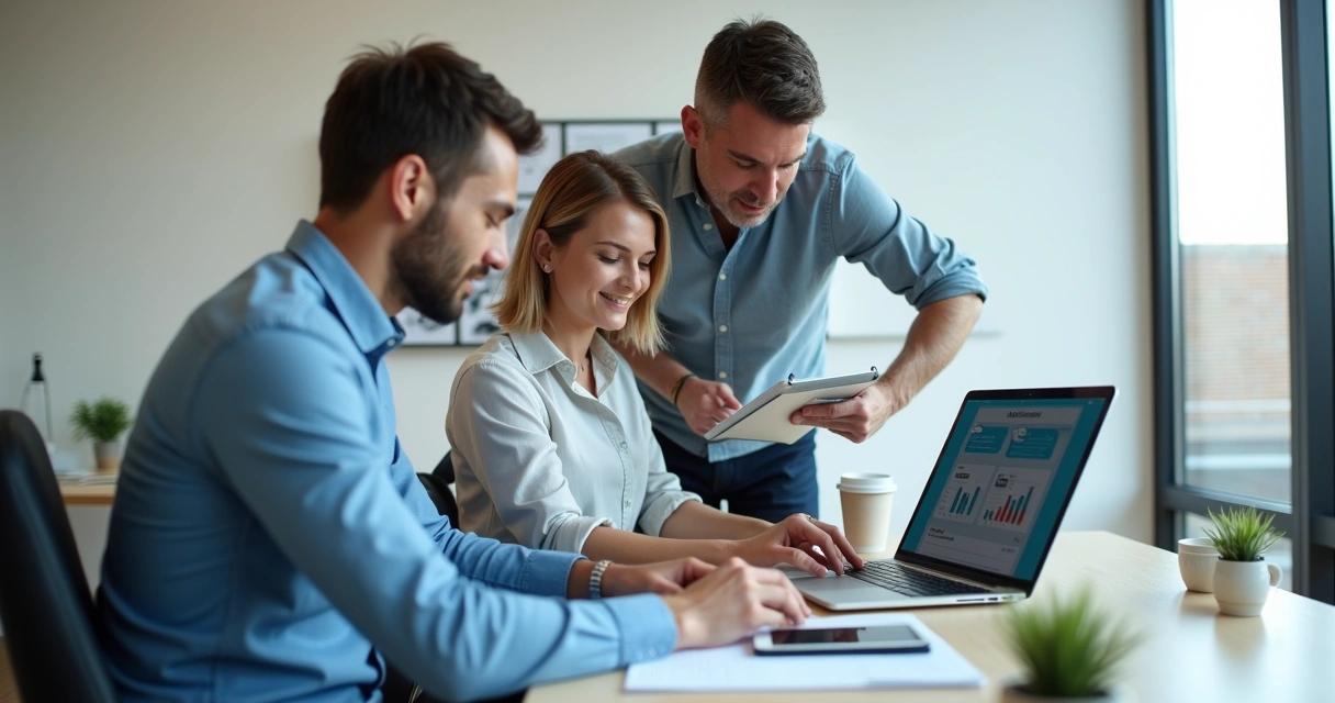 Equipe pequena em escritório usando IA no computador
