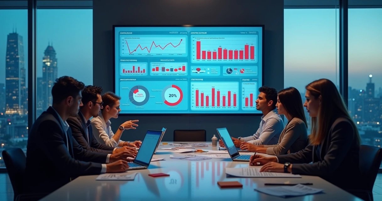 Gestores analisando painel de IA com resultados abaixo do esperado