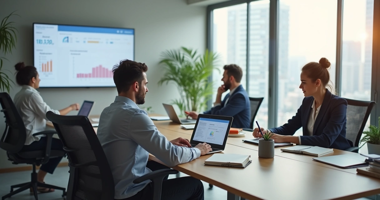 Equipe em escritório usando IA de forma discreta integrada à rotina de trabalho