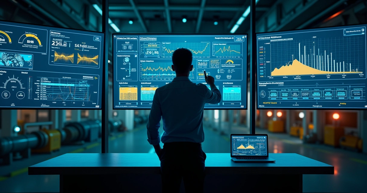 Dashboard de IA monitorando processo industrial crítico com alertas de falha