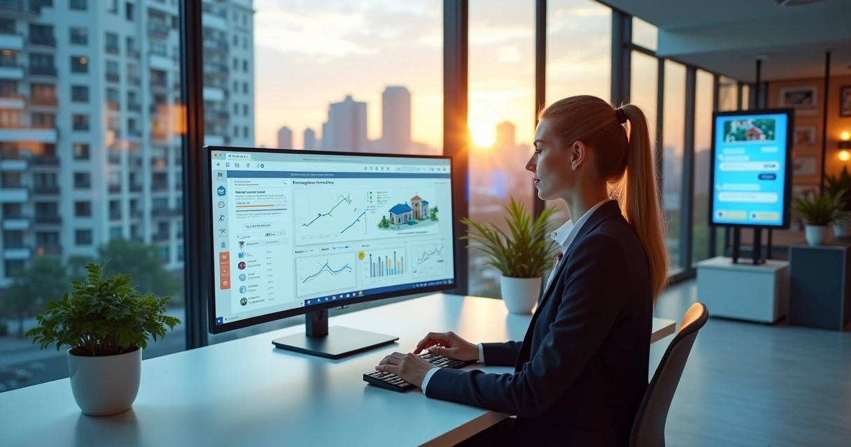 Corretora usando painel de inteligência artificial em imobiliária moderna