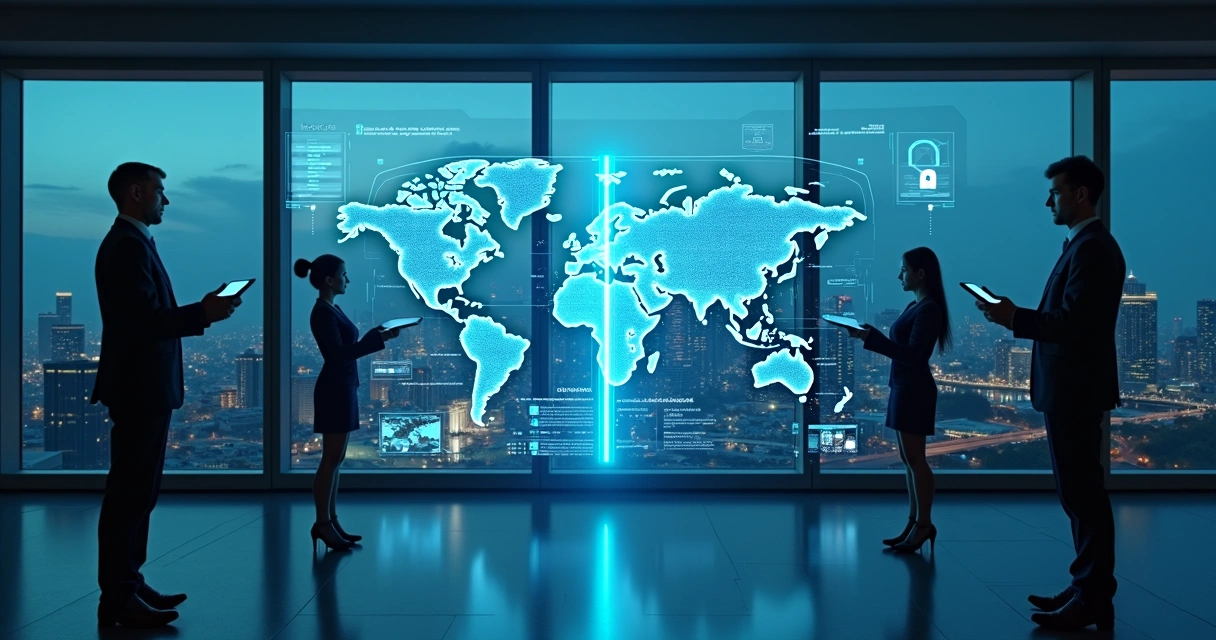 Painel digital comparando infraestrutura de dados em nuvem pública e IA proprietária em data center corporativo