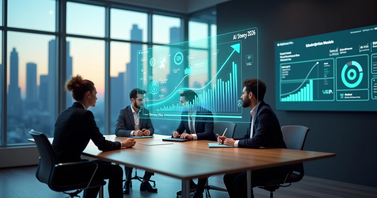 Executivos analisando painel de IA com gráficos de custos e retorno financeiro