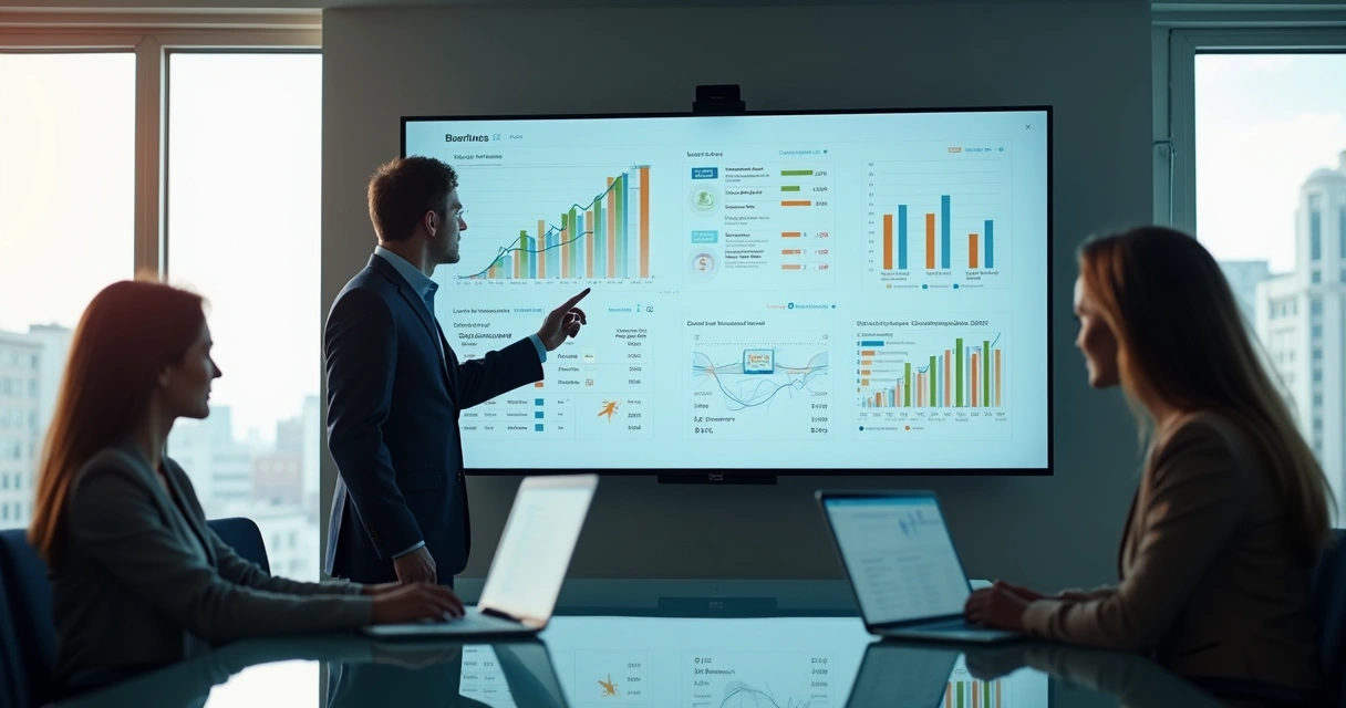 Gestor analisando painel de business intelligence com gráficos e indicadores comerciais