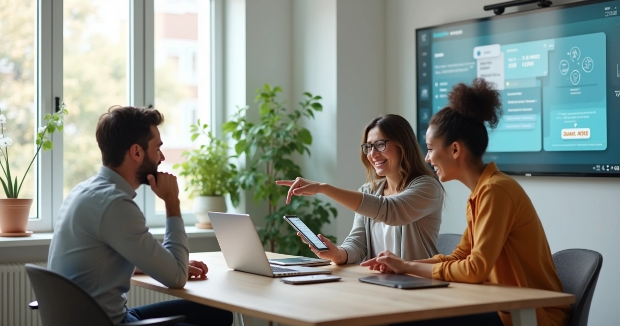 Pequena equipe em escritório usando assistente de IA em telas grandes