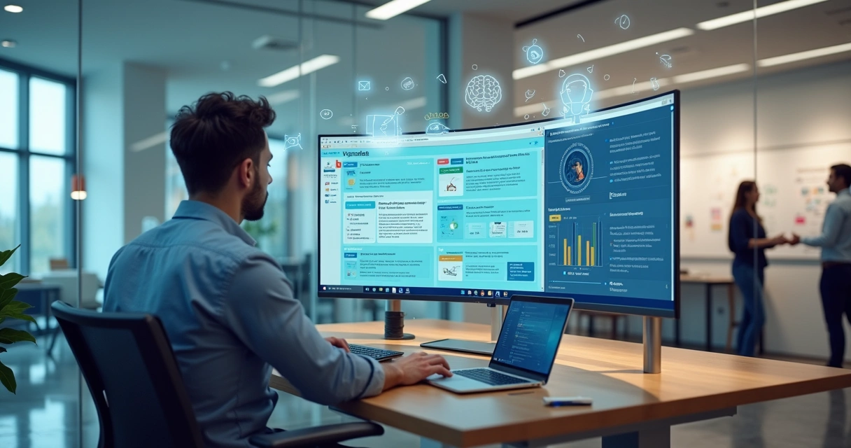 Dashboard com analista de vendas observando gráficos e nuvens de palavras geradas por IA