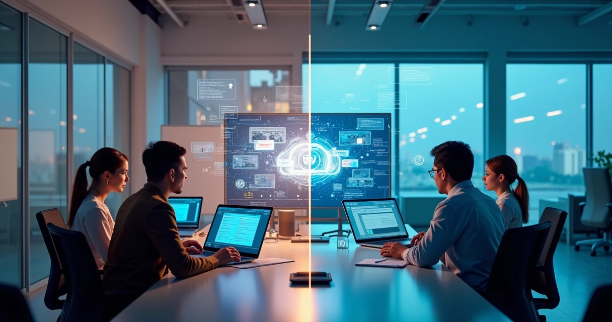 Comparação visual entre equipe treinando com IA adaptativa e curso EAD convencional em empresa