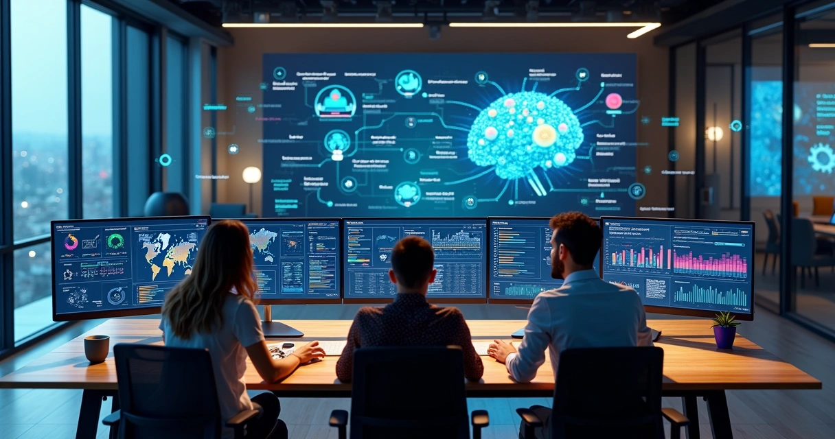 Equipe analisa painéis digitais com automações de IA em operação