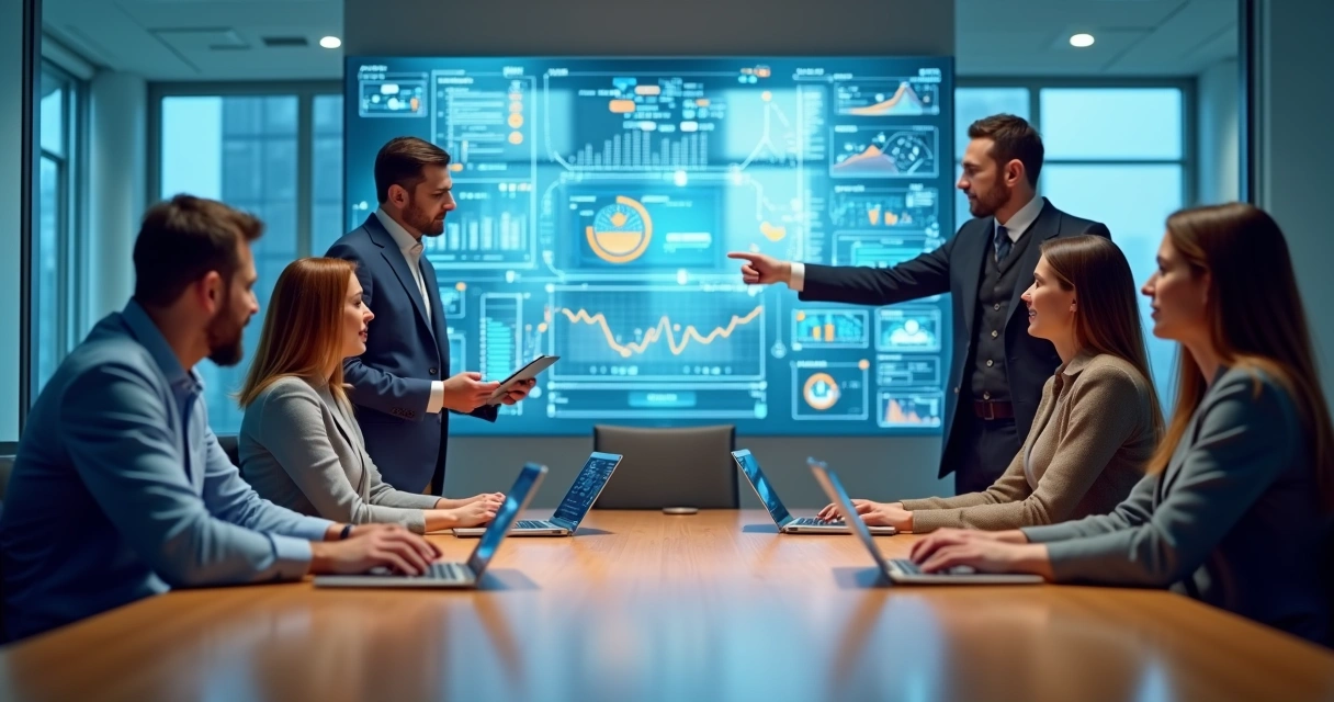 agencia-ia-empresarios-reuniao-466.webp Executivos em reunião observando painel digital com gráficos de IA e automação