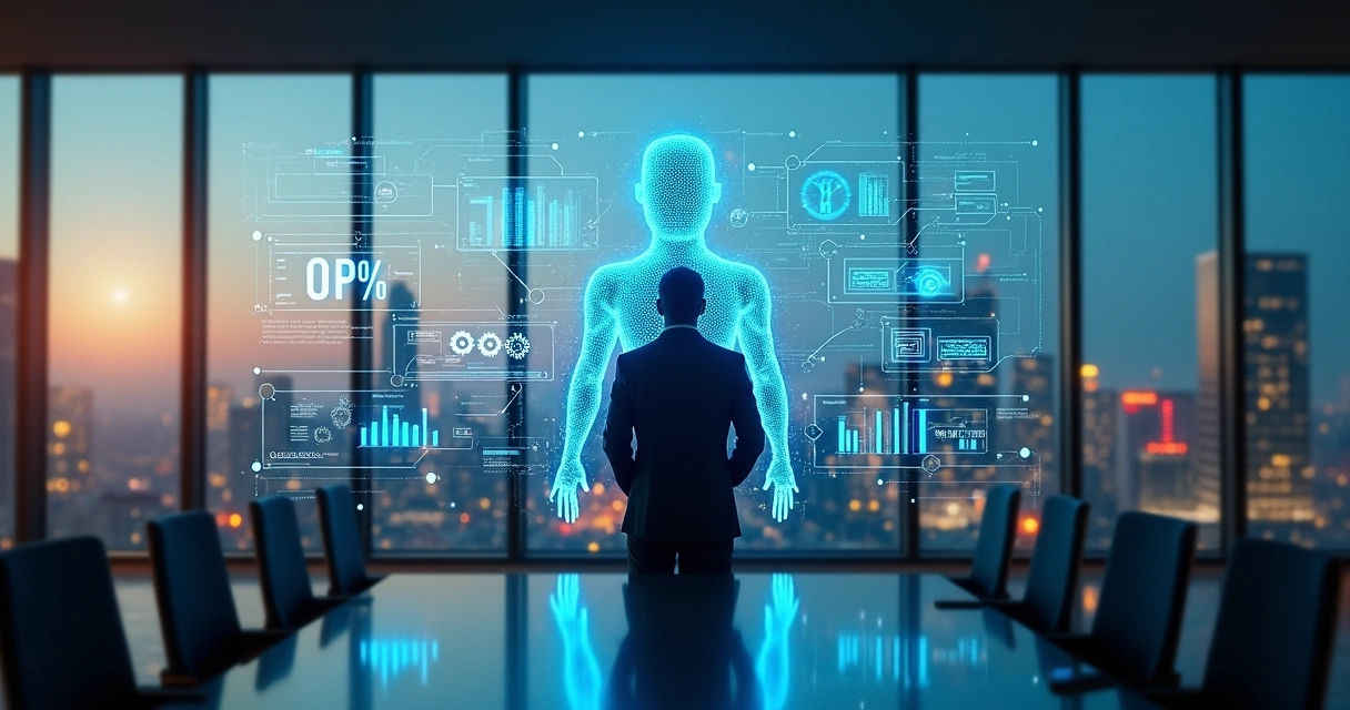 agente-ia-transformacao-empresarial-738.webp Executivo observando painel digital com agente de IA otimizando processos empresariais