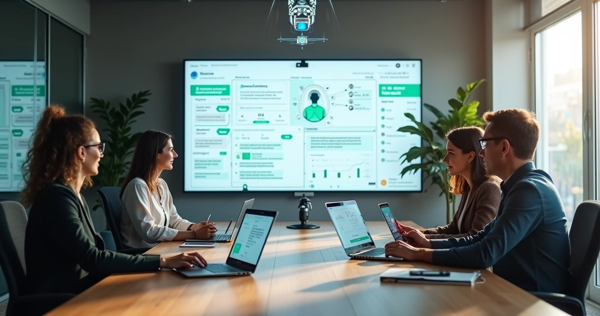Equipe observa painel com chatbot de atendimento automático com IA integrado a vários canais digitais
