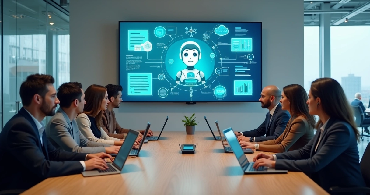 Equipe empresarial acompanhando painel digital com chatbot de atendimento por IA