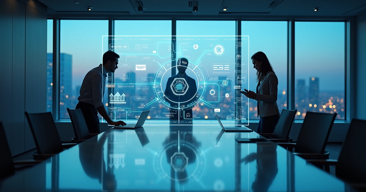 Executivos analisando painel digital com automação por IA em escritório moderno